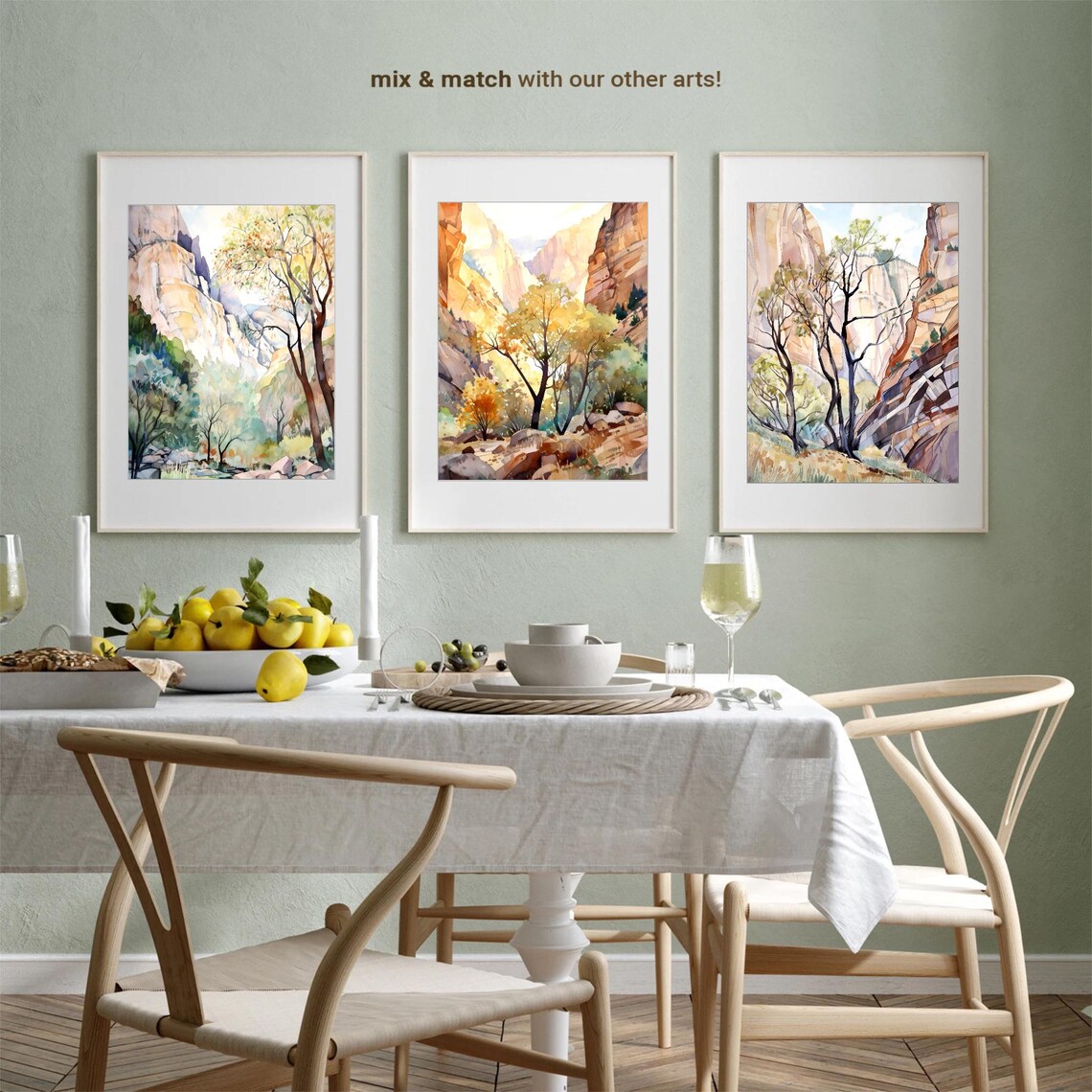 Zion Canyon Towering Sandstone Cliffs and Autumn Trees Watercolor Poster - Image 4
