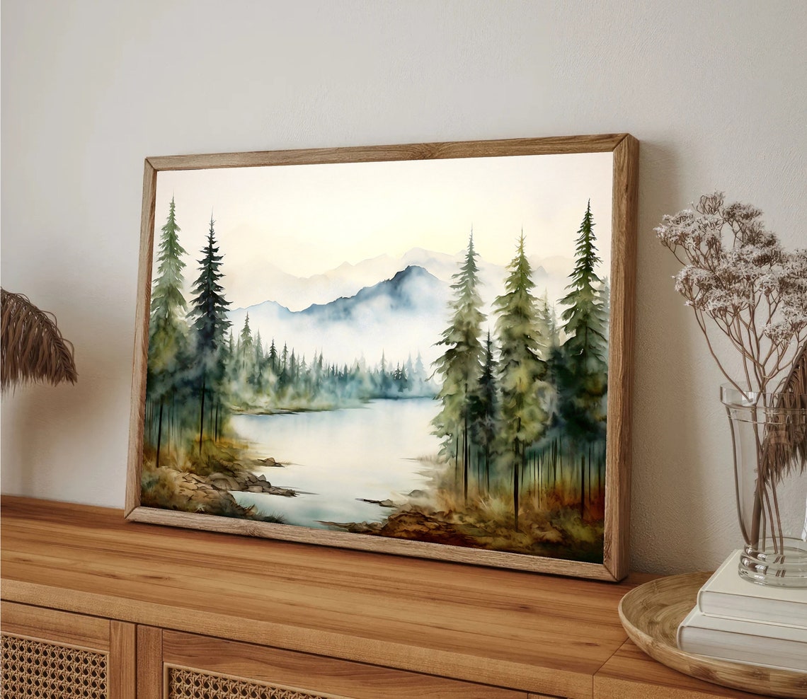 Misty Mountain Lake Tall Pine Forest Watercolor Scenery Poster - Image 2