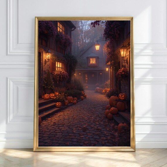 Lantern Lane Autumn Village Street Cozy Halloween Wall Art