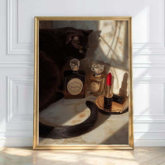 Gothic Black Cat Art Print Dark Feminine Decor