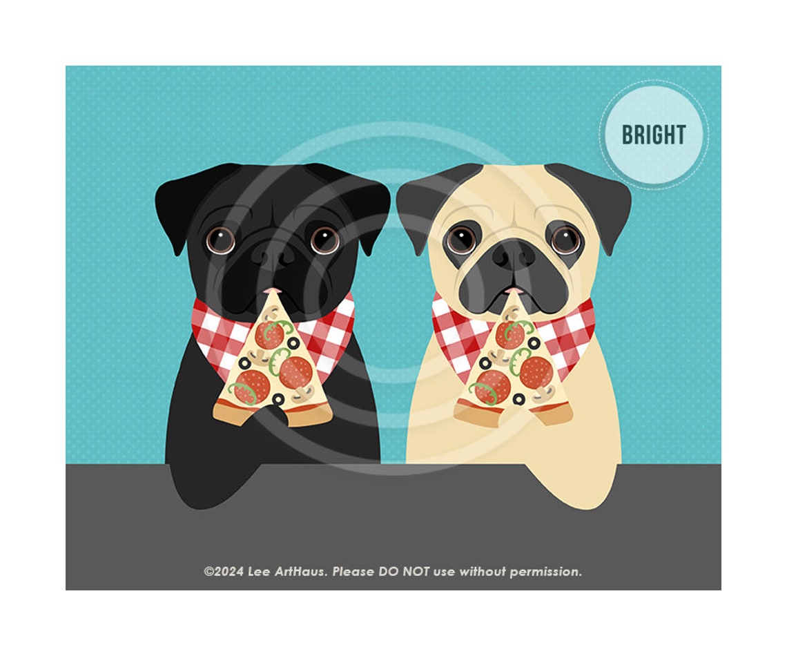 Two Pugs Eating Pizza With Checkered Bibs Cute Funny Dog Art Poster