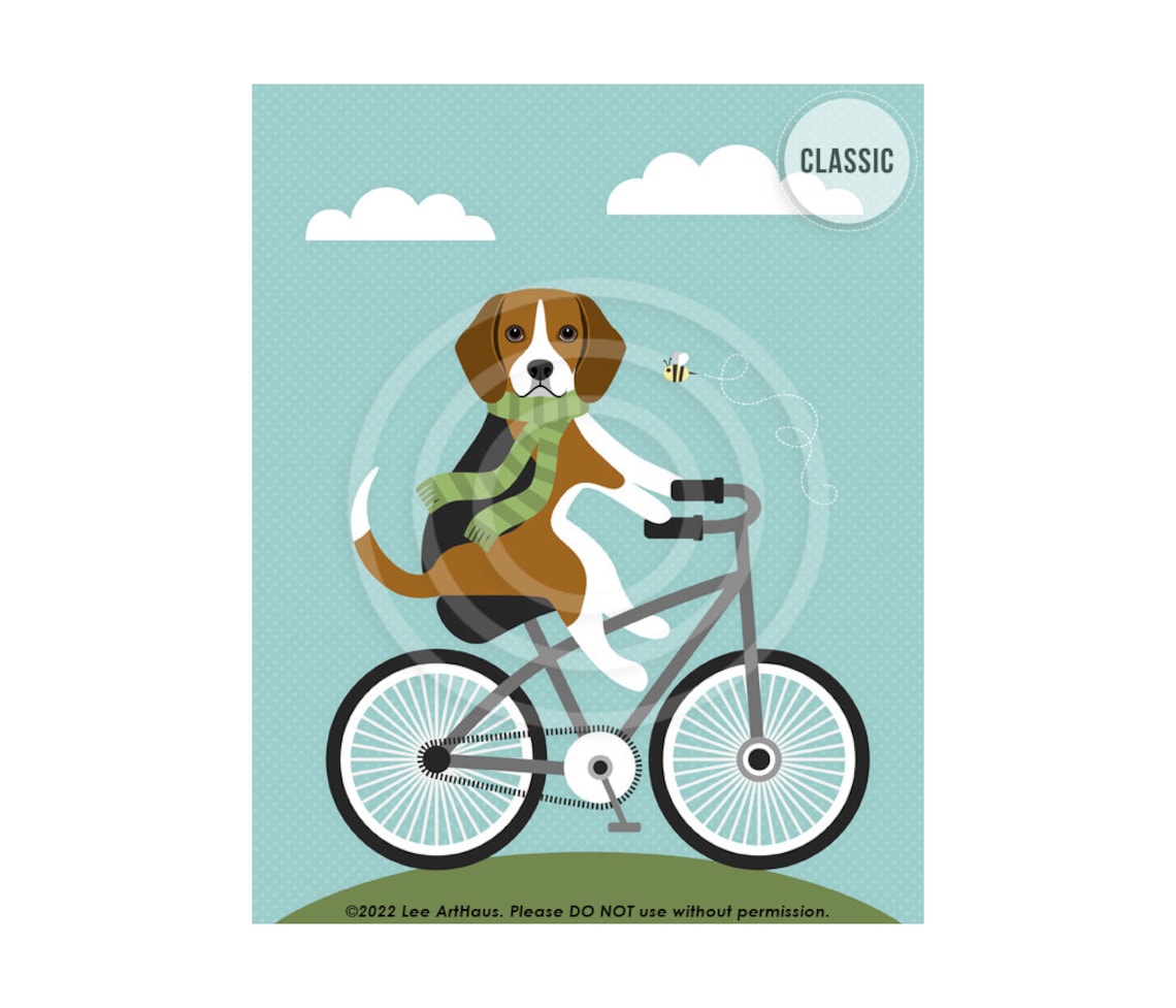 Beagle Riding Vintage Bicycle Green Scarf Retro Illustration Poster