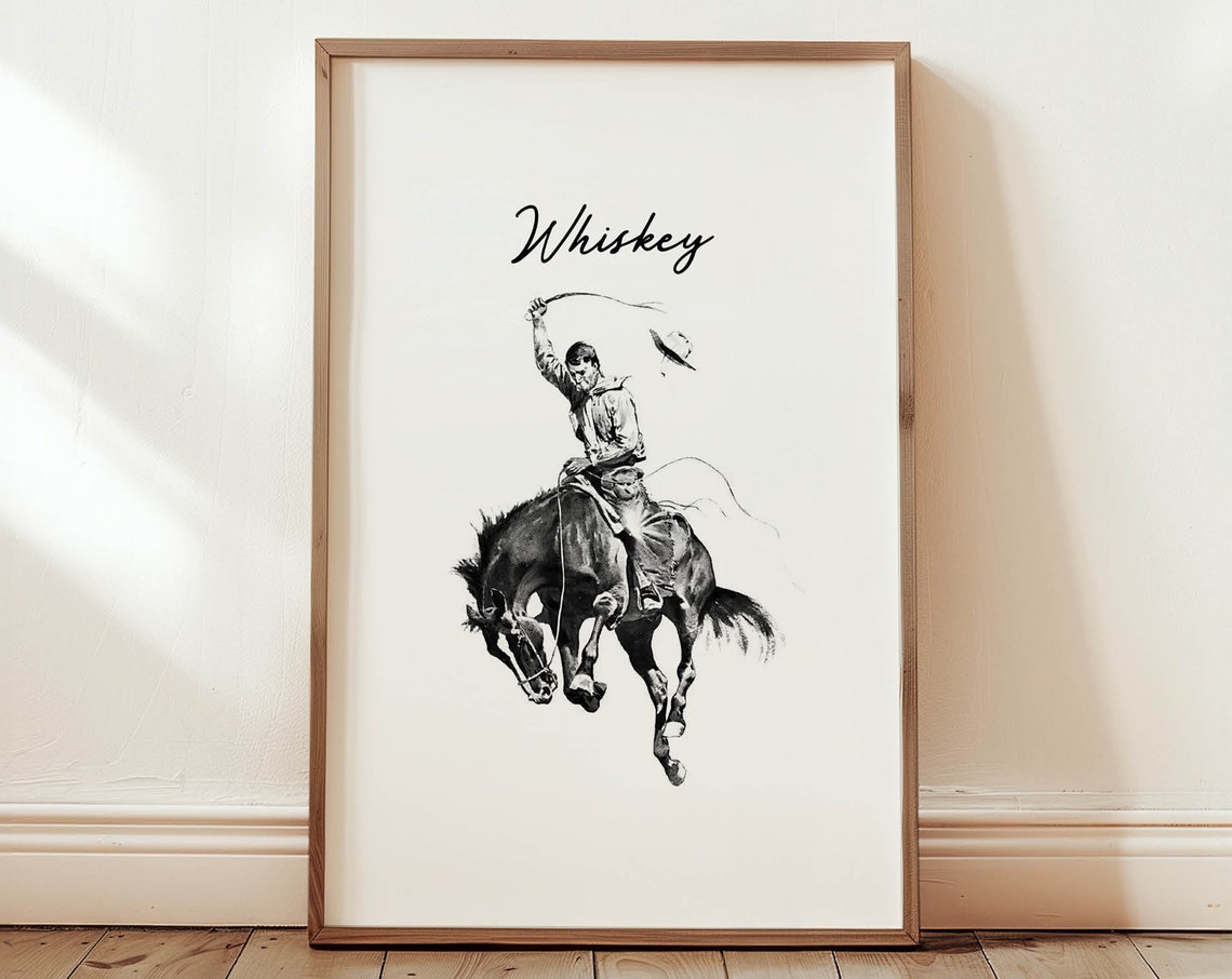 Whiskey Script Vintage Cowboy Rodeo Bucking Bronco Bar Poster