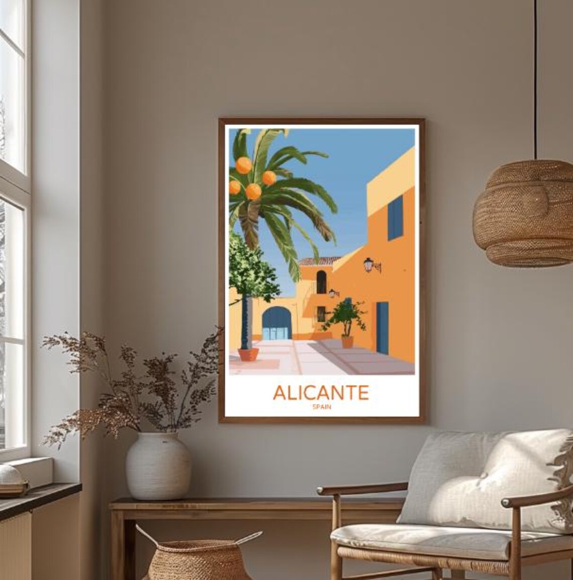 Alicante Spain Travel Poster Palm Courtyard Orange Buildings View Decor - Image 3