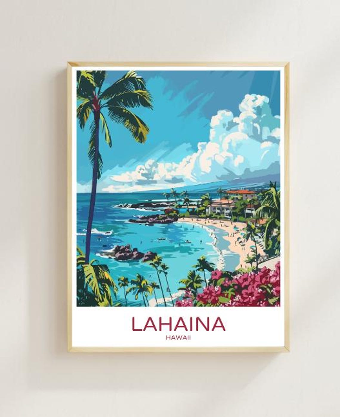 Lahaina Hawaii Travel Poster With Palm Beach And Tropical Bay View