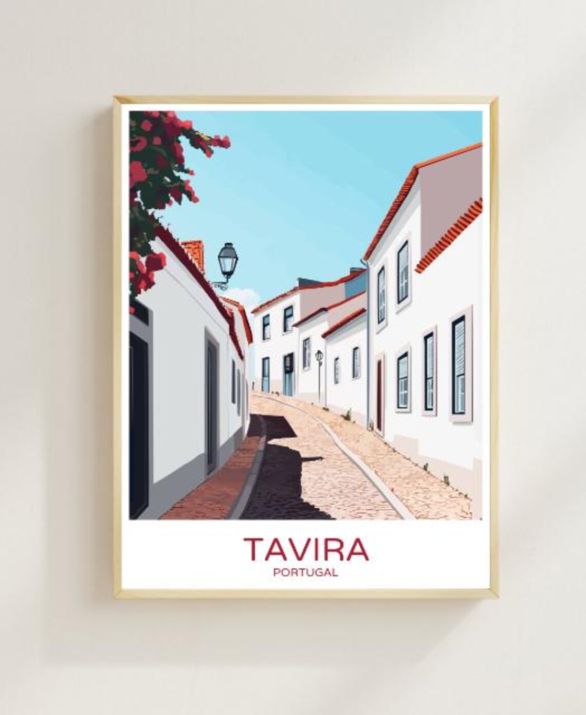 Tavira Portugal Whitewashed Old Town Street Vintage Travel Poster