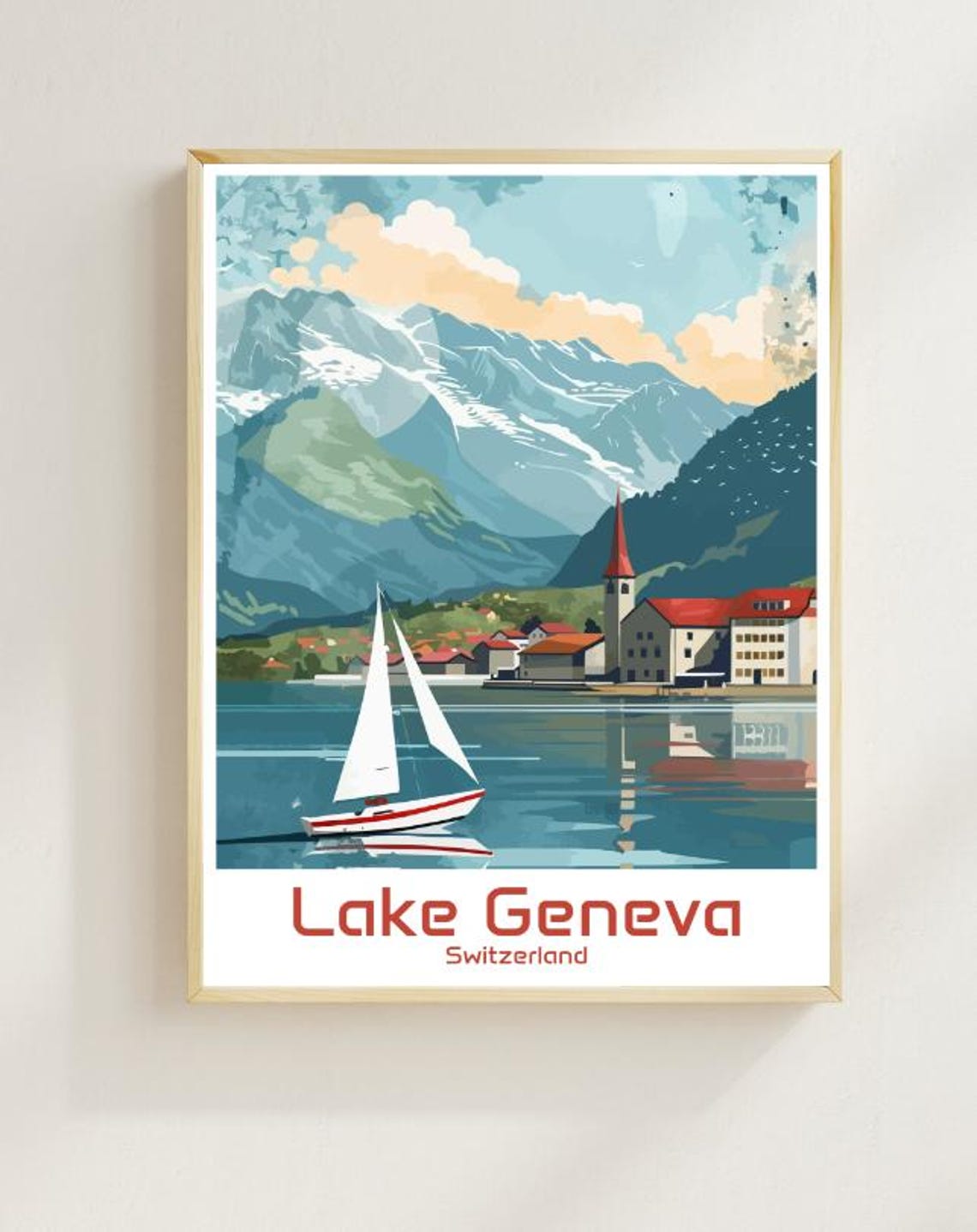 Lake Geneva Switzerland Sailboat Alpine Lake Illustrated Poster