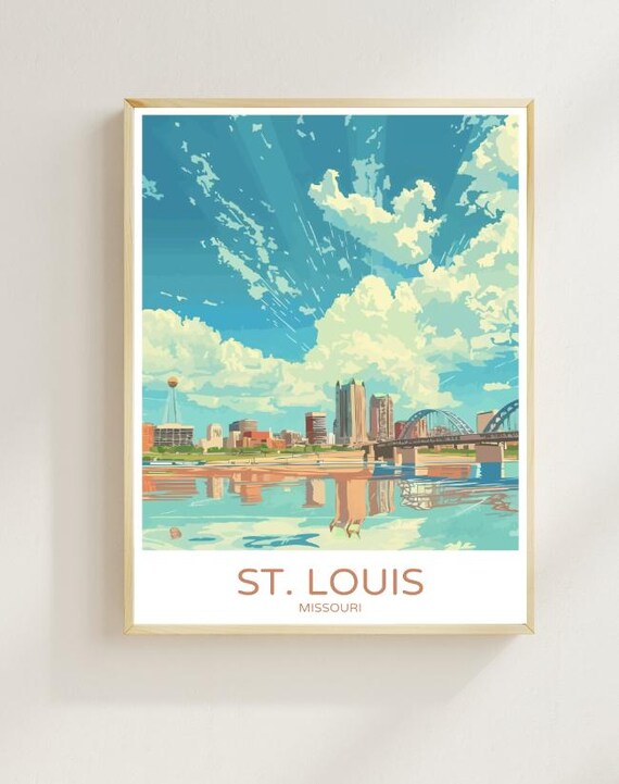 St Louis Missouri Skyline Riverfront Bridge Sunset View Travel Poster