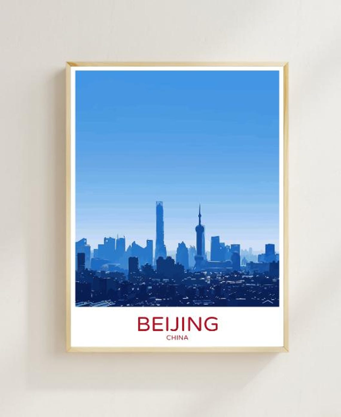 Beijing China Skyline Travel Poster With Blue Tinted Modern Towers