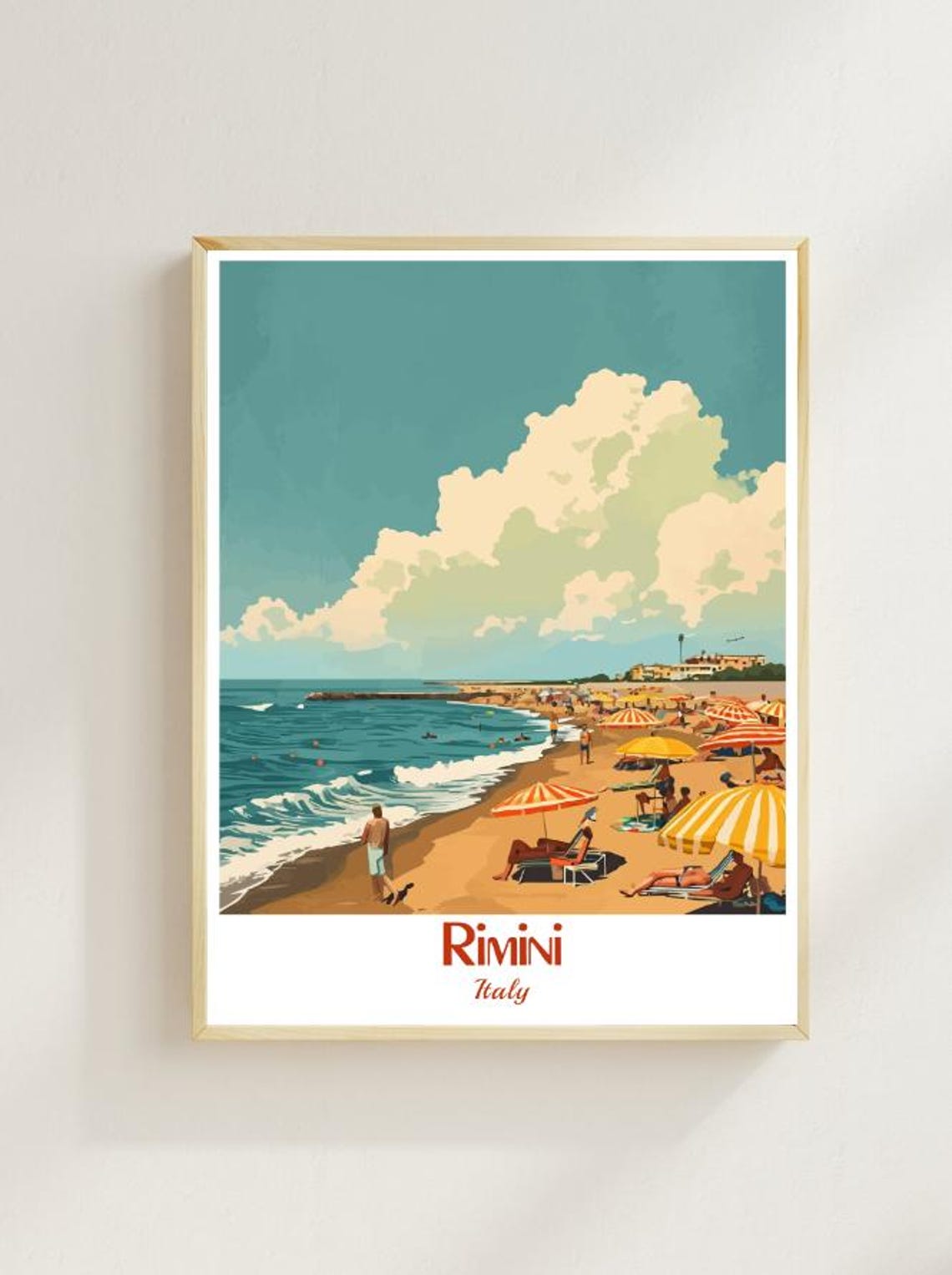Rimini Italy Adriatic Beach Striped Umbrellas Vintage Travel Poster
