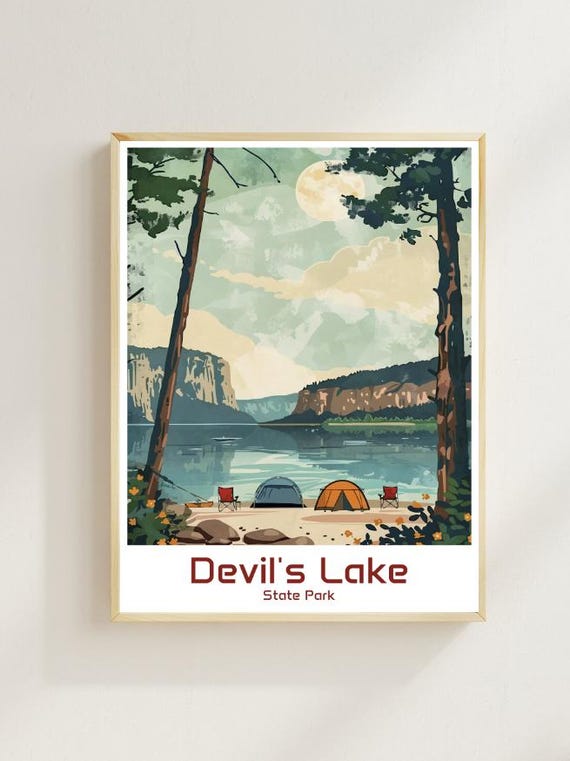 Devils Lake State Park Travel Poster Moonlit Lakeside Campsite Scene Art