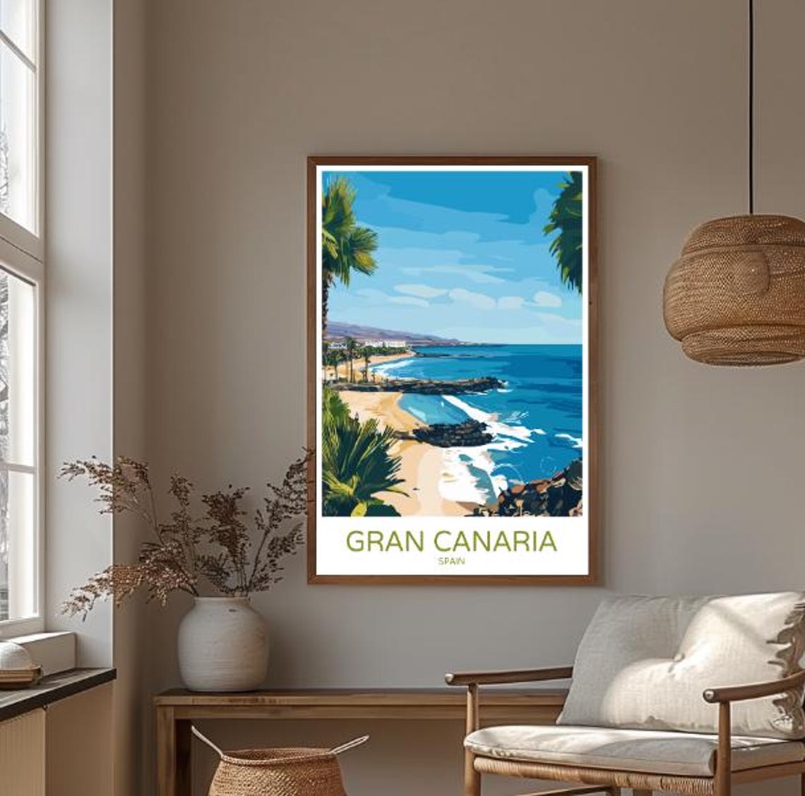 Gran Canaria Spain Travel Poster Palm Lined Beach and Atlantic Waves - Image 3