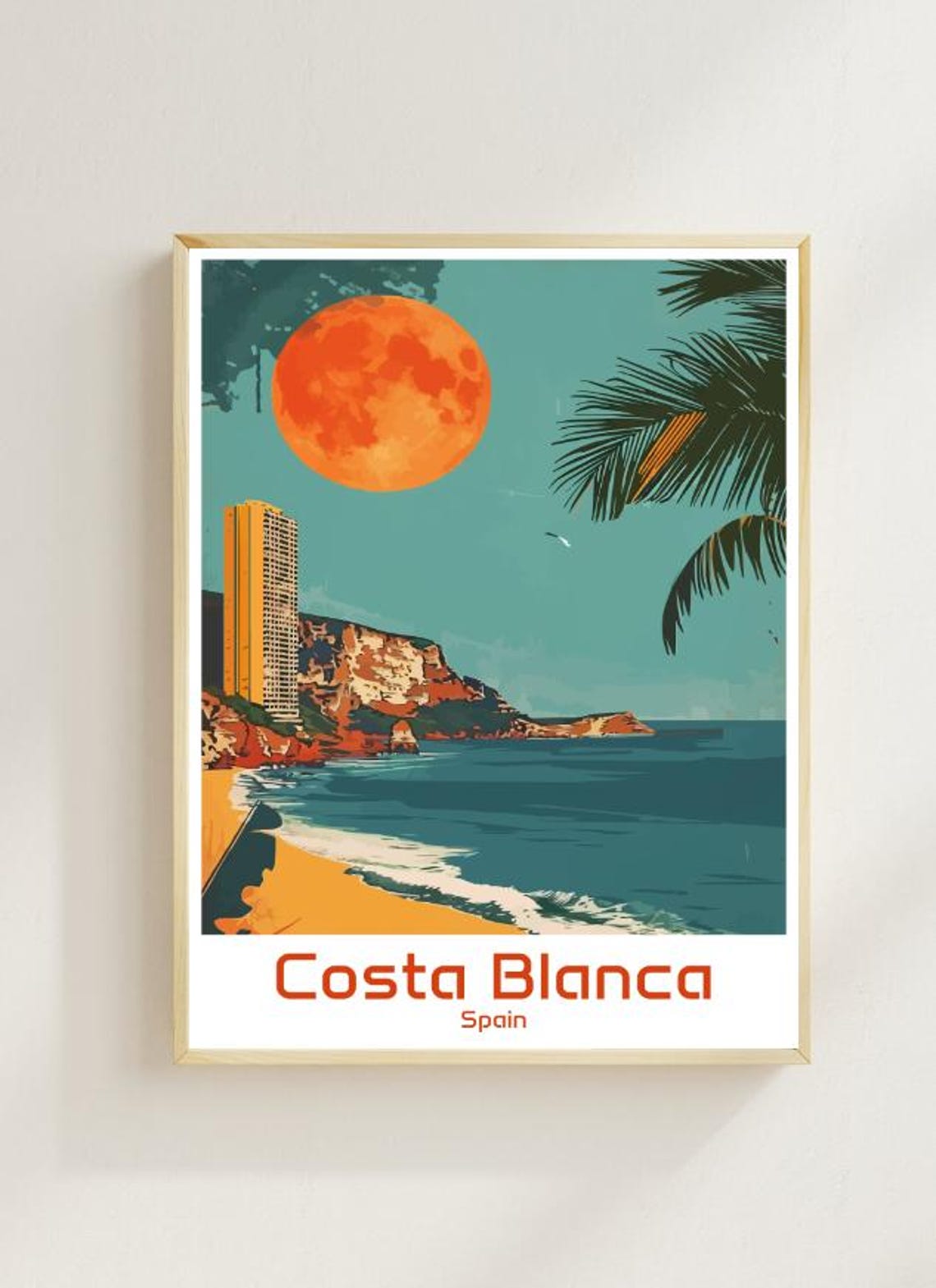 Costa Blanca Spain Mediterranean Beach Big Red Sun Travel Poster