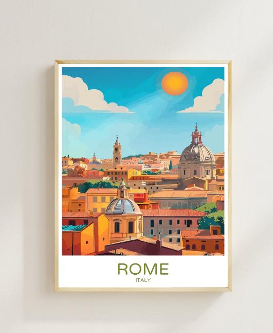 Rome Italy Skyline Travel Poster With Domes And Golden Sun View