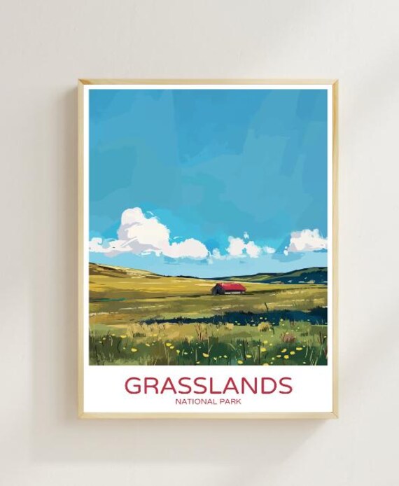 Grasslands National Park Travel Poster With Prairie And Barn Scene
