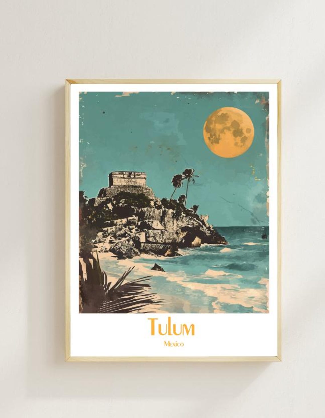 Tulum Mexico Mayan Cliff Ruins Full Moon Caribbean Sea Poster
