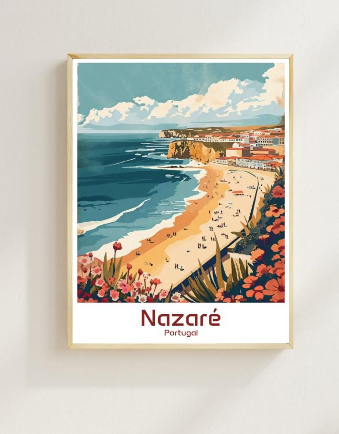 Nazare Portugal Cliffside Beach Illustration Surf Town Poster