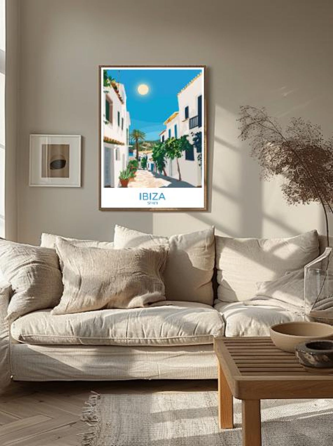 Ibiza Spain Sunlit Whitewashed Village Street Under Blue Sky Poster - Image 2