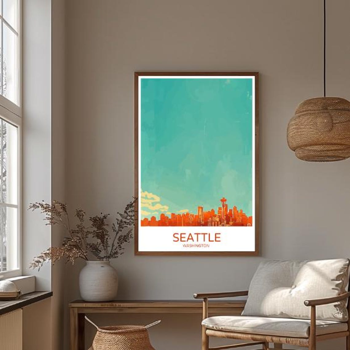 Seattle Washington Travel Poster Space Needle Skyline Teal Sky Art - Image 3