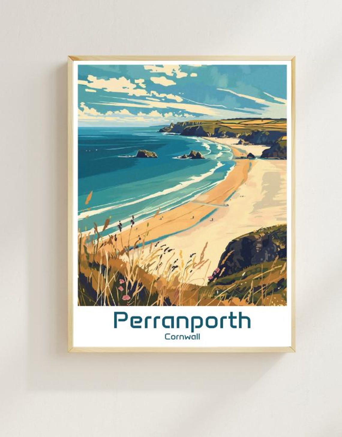 Perranporth Cornwall Sandy Beach Surf Cliffs Vintage Travel Poster