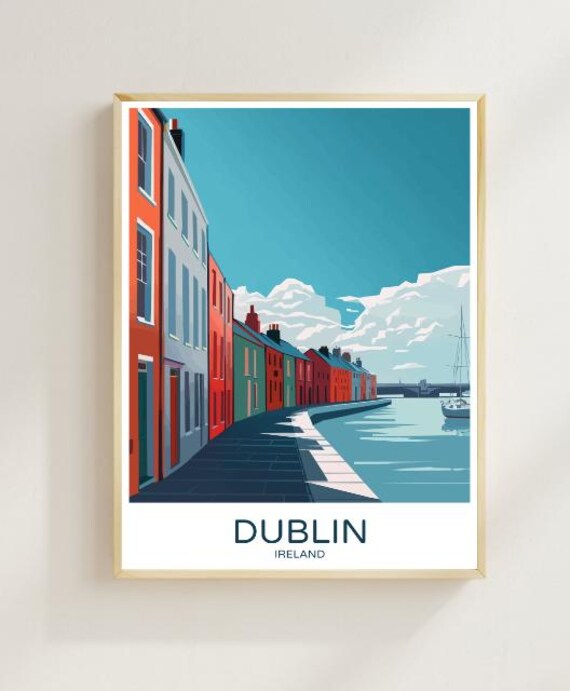Dublin Ireland Colorful Riverside Quay Vintage Travel Poster