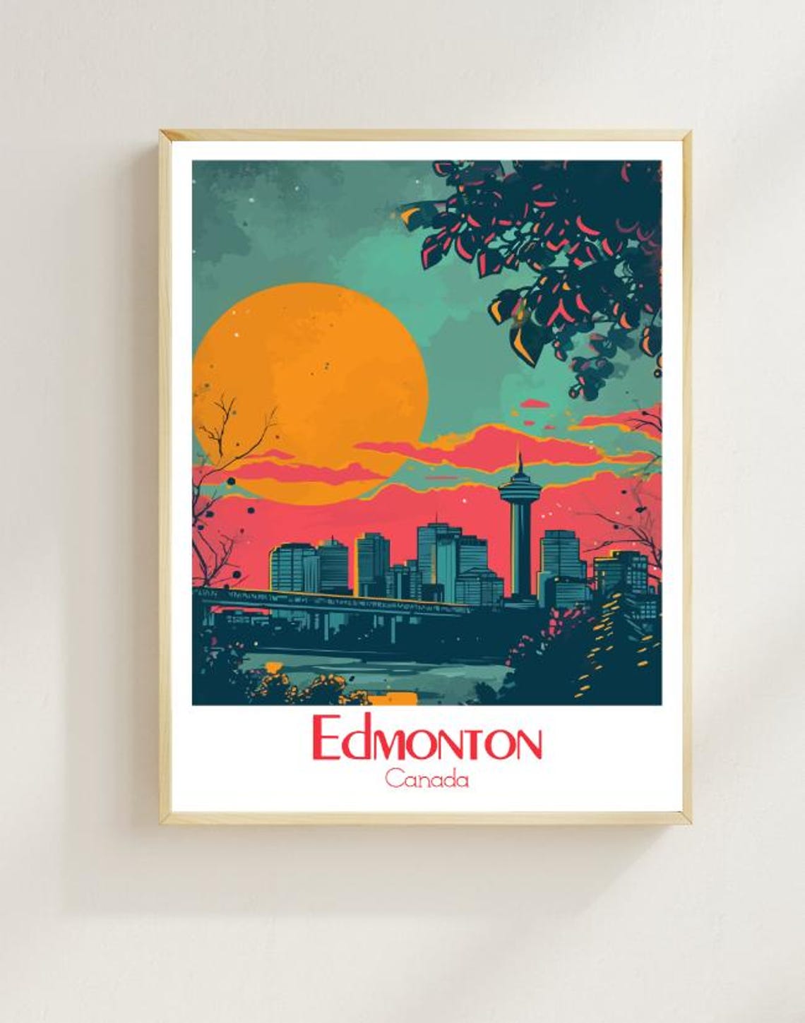 Edmonton Canada Skyline Sunset River Valley Night Travel Poster