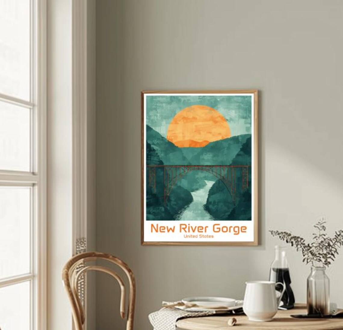 New River Gorge Steel Arch Bridge Sunset Illustrated Travel Poster - Image 2