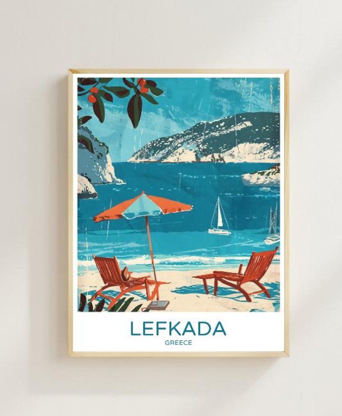 Lefkada Greece Beach Umbrella Vintage Greek Island Travel Poster