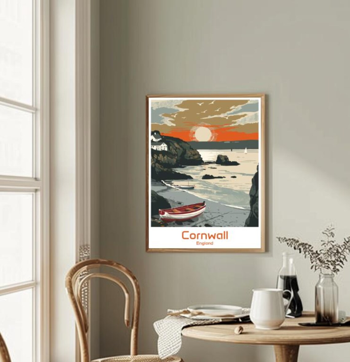 Cornwall England Travel Poster Sunset Cove Fishing Boat Seaside Decor - Image 2