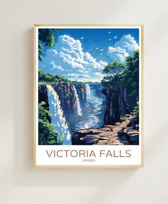 Victoria Falls Zambia Travel Postermajestic Waterfall Wall Art Of Natural Wonder Surrounding Landscapes Africa Travel Print Nature Decor