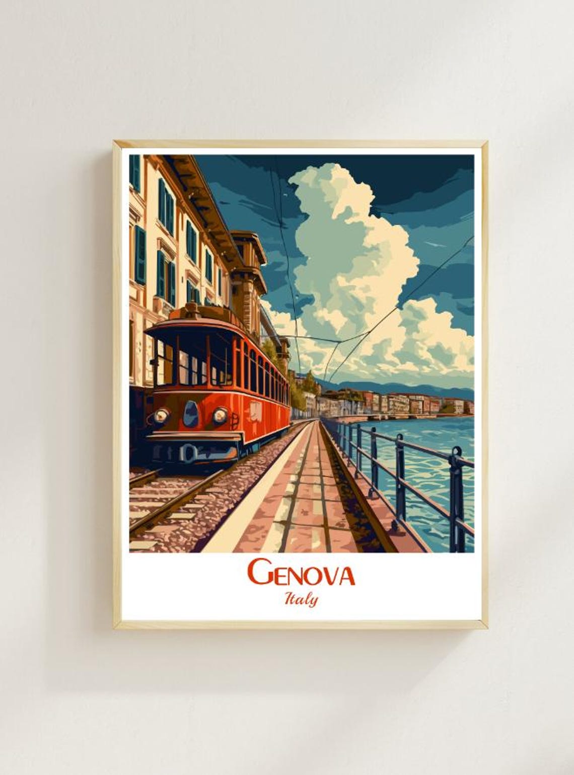 Genova Italy Vintage Red Tram Waterfront Harbor Travel Poster