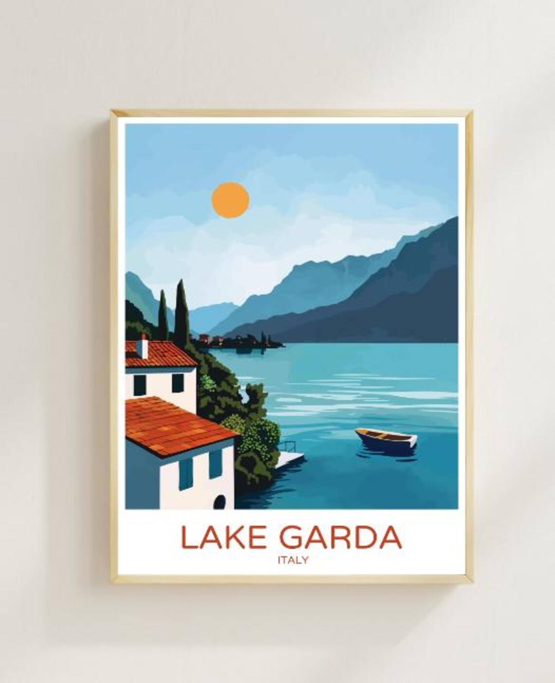 Lake Garda Italy Travel Poster With Lakeside Mountain And Boat Scene