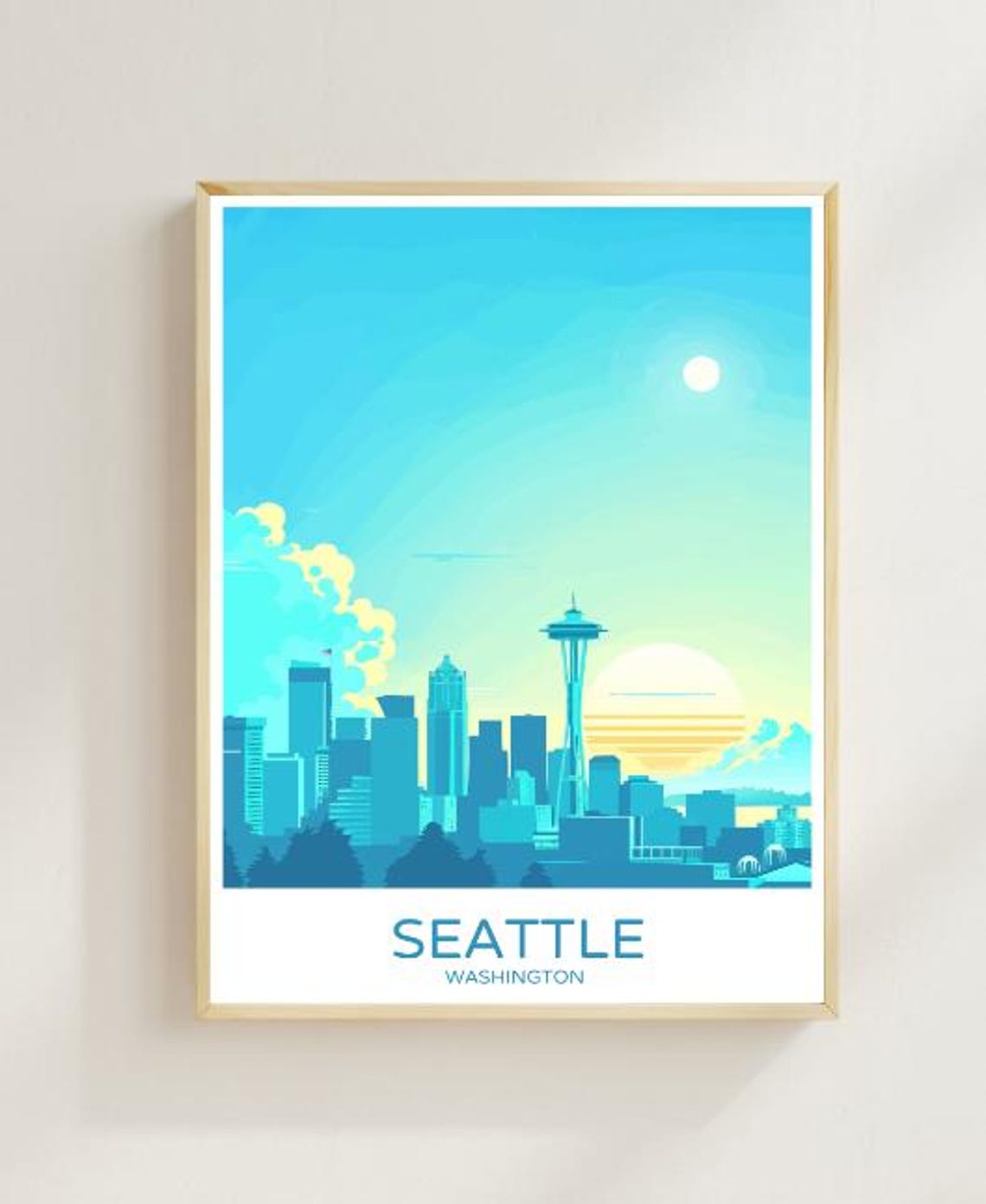 Seattle Washington Space Needle Sunset Skyline Travel Poster