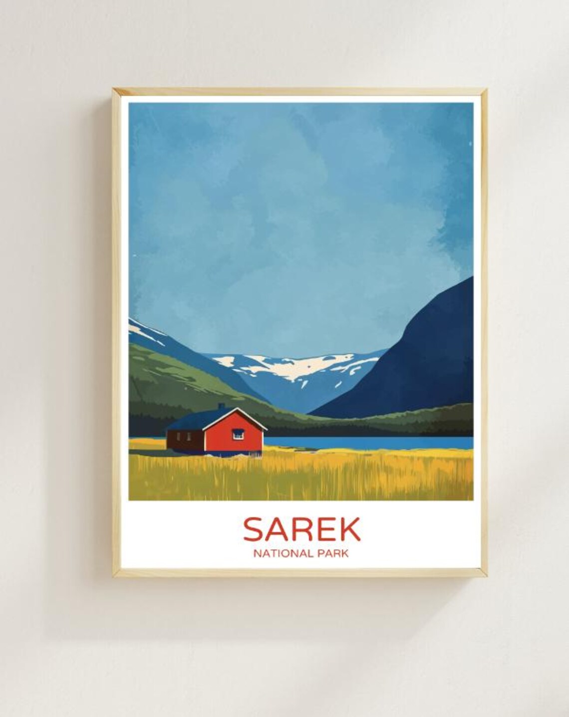 Sarek National Park Sweden Red Cabin Mountains Golden Field Travel Poster