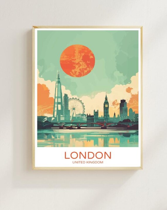 London Skyline Sunset Big Ben London Eye Vintage Travel Poster