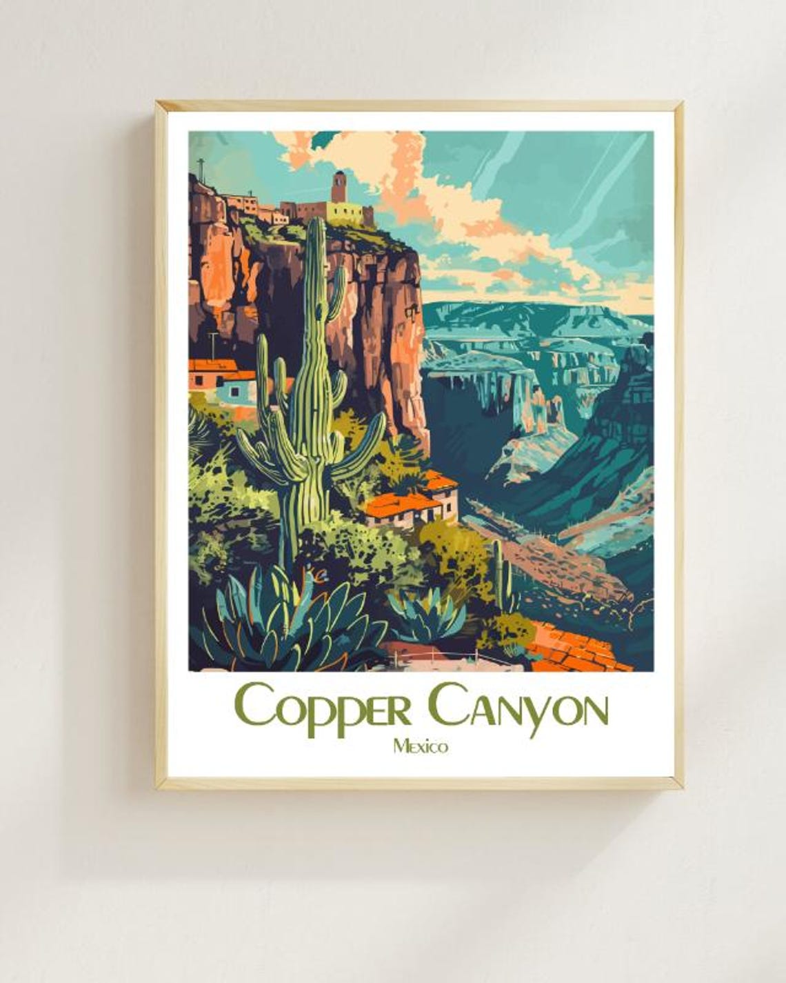 Copper Canyon Desert Giant Cactus Cliffs Mexico Travel Poster