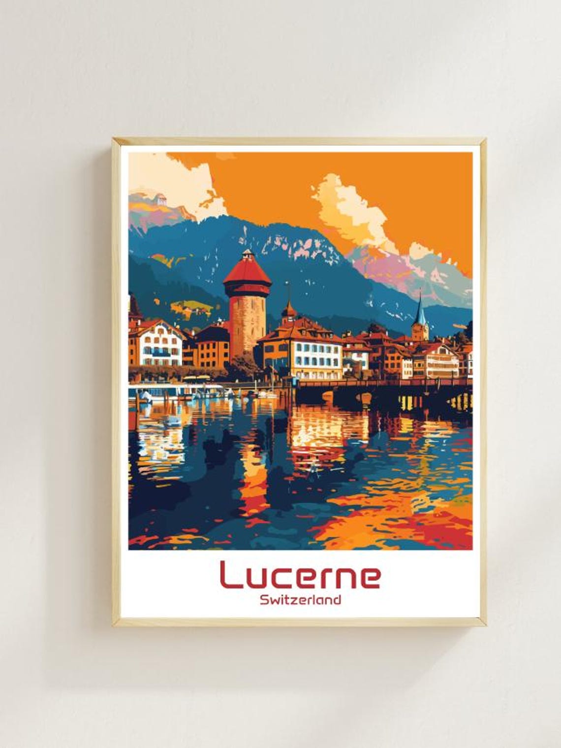 Lucerne Switzerland Old Town Lake Sunset Waterfront Illustrated Poster
