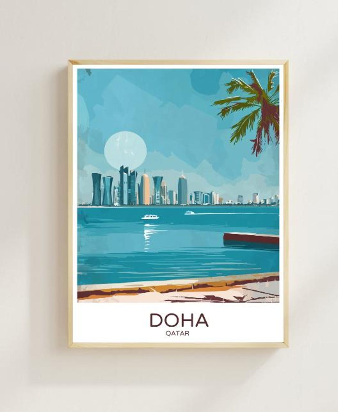 Doha Qatar Travel Poster Waterfront Skyline With Palm And Moon Art