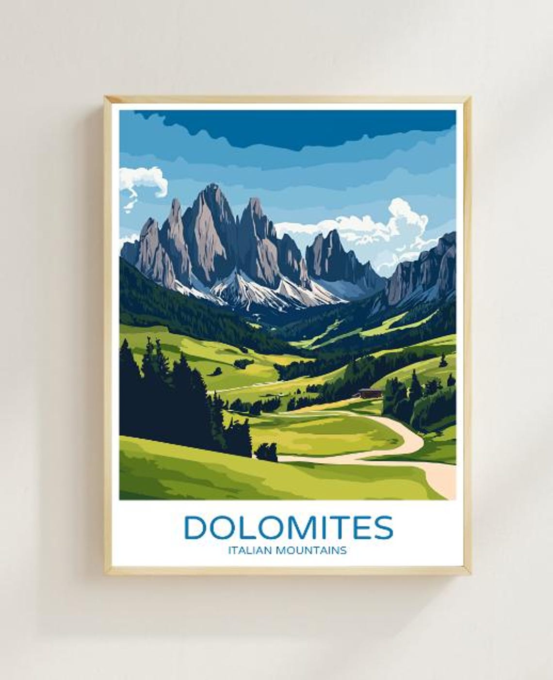 Dolomites Italian Alps Travel Poster Jagged Peaks and Green Valley