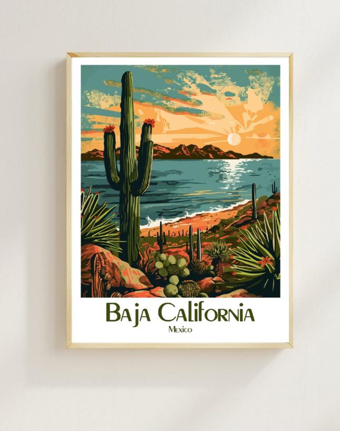 Baja California Mexico Saguaro Cactus Coast Sunset Scene Poster