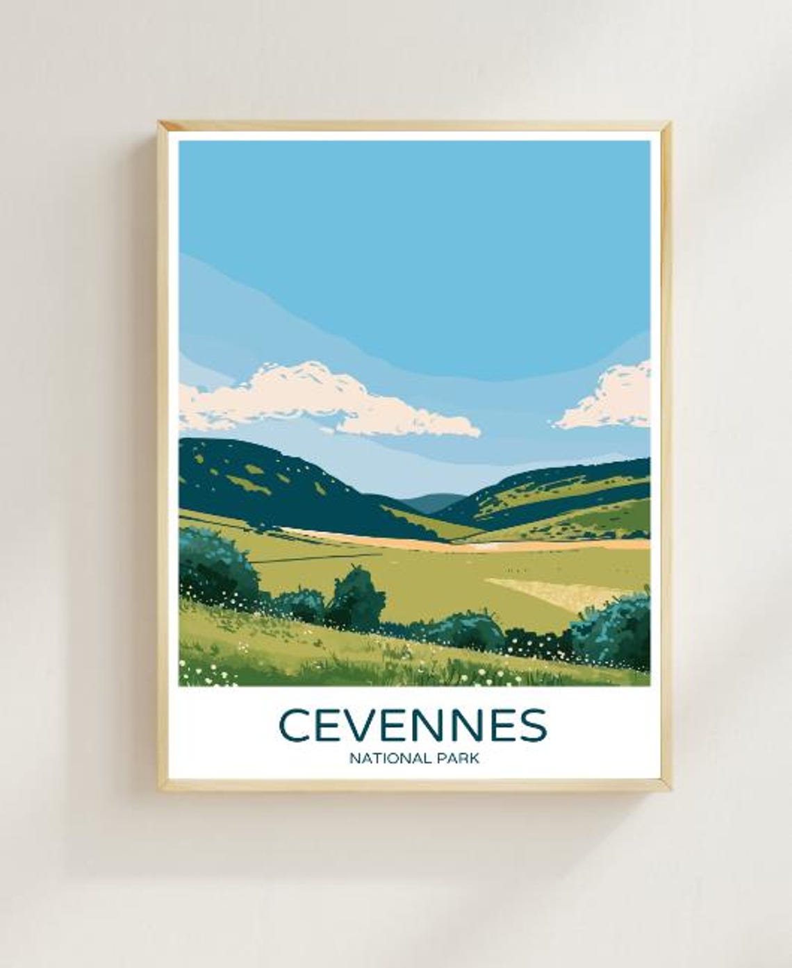 Cevennes National Park Green Meadow Hills Vintage Travel Poster