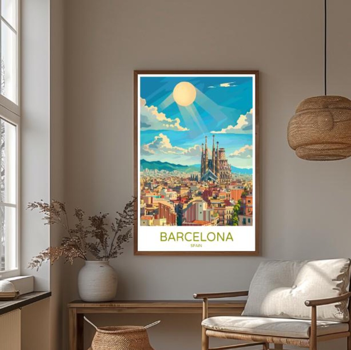 Barcelona Spain Sagrada Familia City Panorama Sun Retro Travel Poster - Image 3