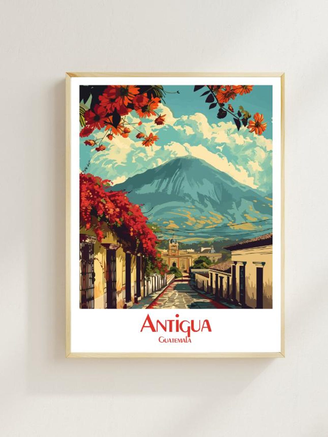Antigua Guatemala Colonial Street Volcano Retro Travel Poster