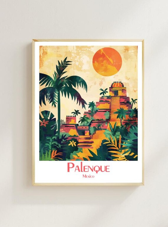Palenque Mayan Pyramid Jungle Ruins Sunset Mexico Travel Poster