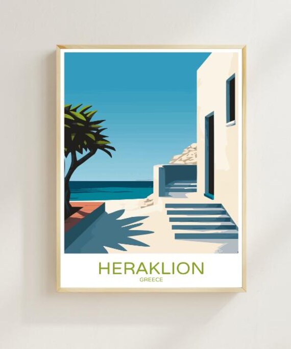Heraklion Crete Greece Whitewashed Coastal Walk Vintage Travel Poster