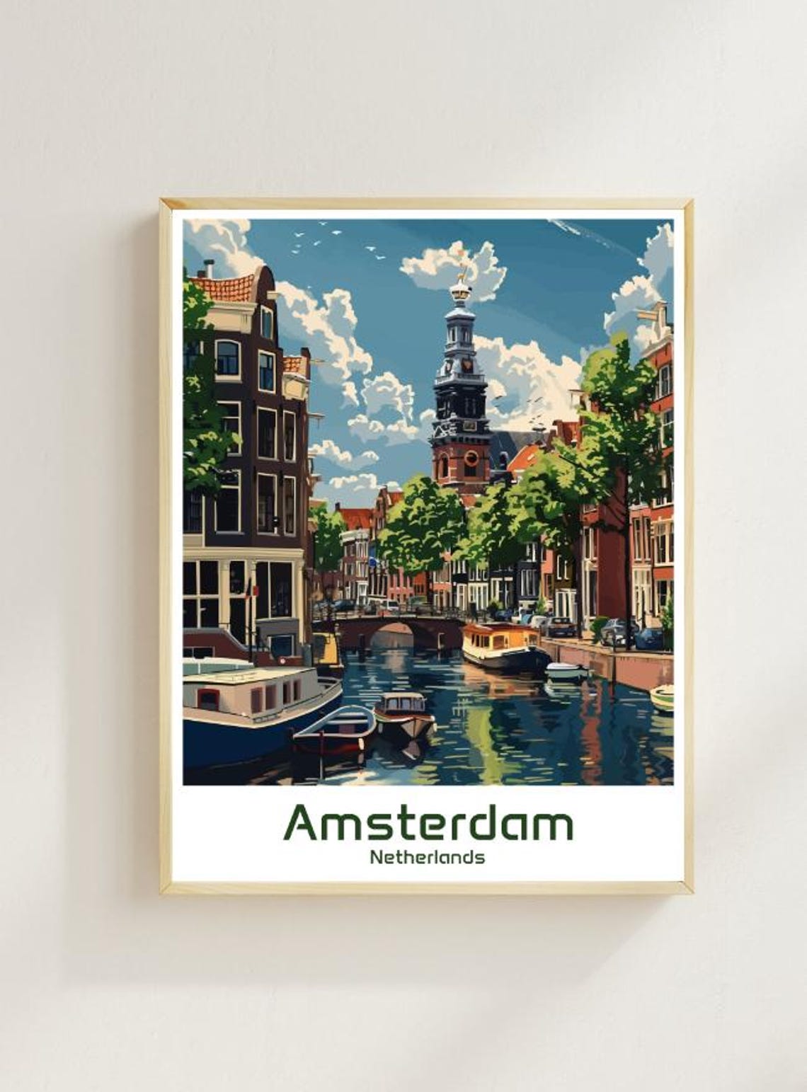 Amsterdam Netherlands Canal Boats Historic Travel Art Poster