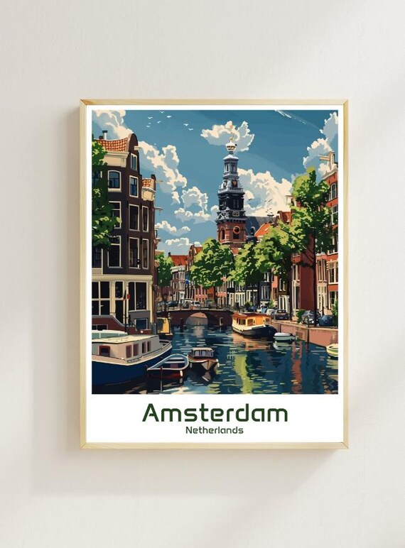 Amsterdam Netherlands Canal Boats Historic Travel Art Poster