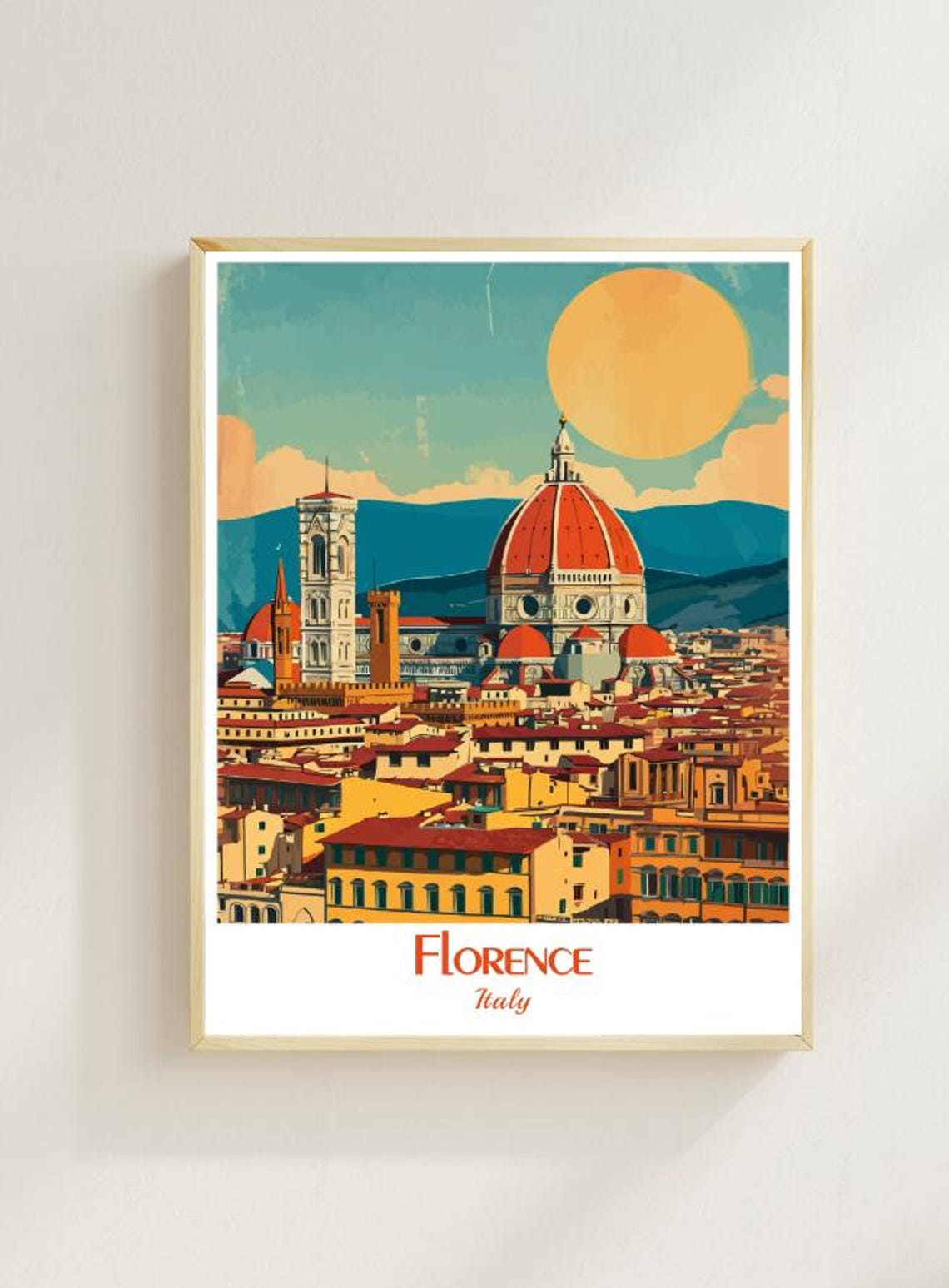 Florence Italy Duomo Cityscape Golden Sun Tuscan Vintage Poster