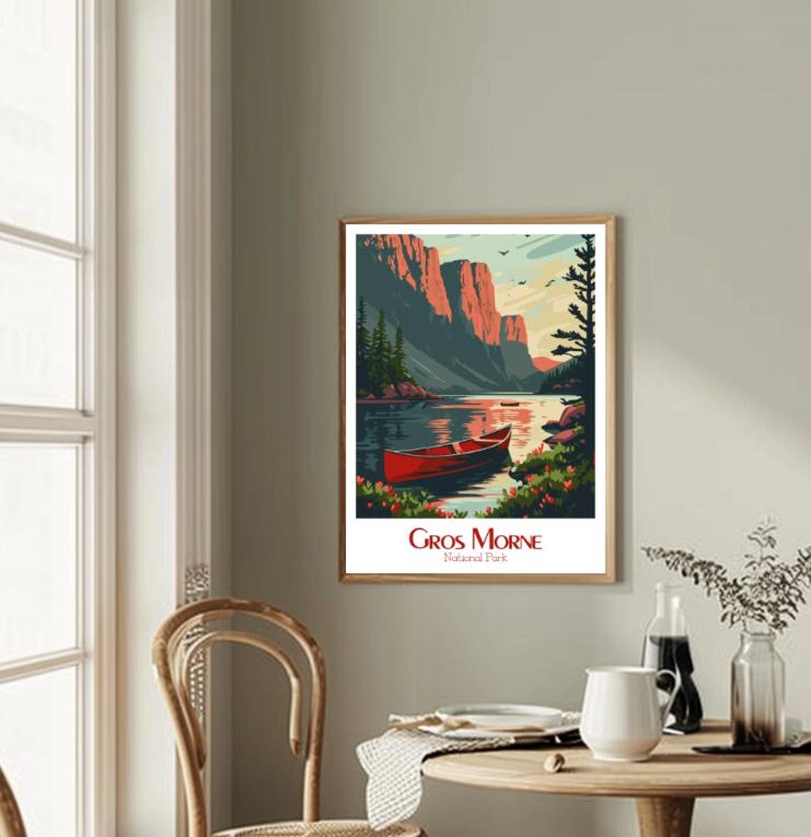 Gros Morne Red Canoe on a Still Mountain Lake at Dawn Poster - Image 2