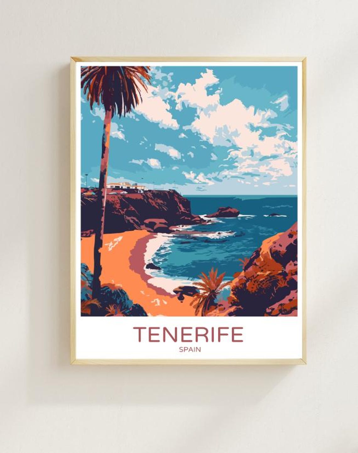 Tenerife Spain Rocky Coast Palm Beach Vintage Travel Art Poster